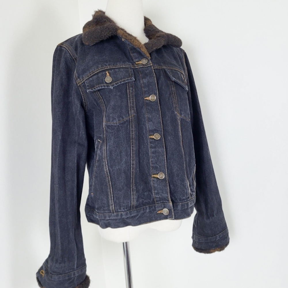 Y2K Denim Jacket Fur Lined Collar Button Up Down Long Sleeve Dark Wash - Picture 11 of 14